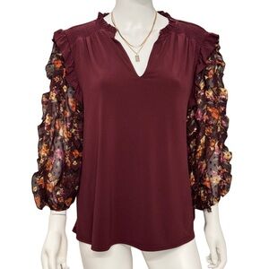 𝘾𝙖𝙩𝙤 Burgundy Top Blouse Floral V Neck Large
